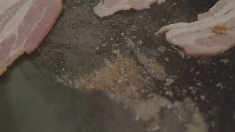 Strips of Meat Sizzling on Griddle at Sydney Market in Australia, Close Up Stock Footage 345714822