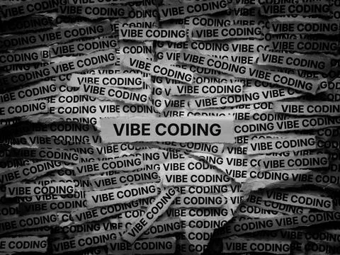 Strips of newspaper with the words Vibe Coding typed on them. Black and white Stock Photos