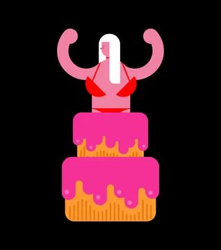 Striptease dancer pops out of a big pink cake during a party celebration. F.. Stock Illustration