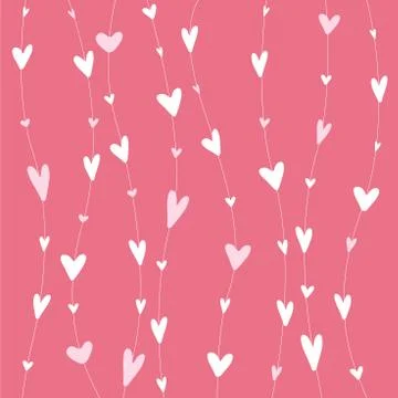 Stripy pattern with white hearts on hanging threads on pink background. Roman Stock Illustration