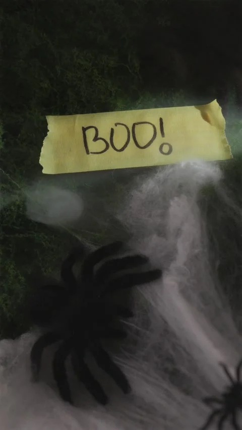 Strobe lightning flashing over BOO sign on foggy moss Vidéo 342423497