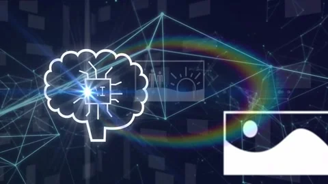 Stroke drawing brain icon with AI chip, thumbnails cycling, rainbow ring Stock Footage 331872270