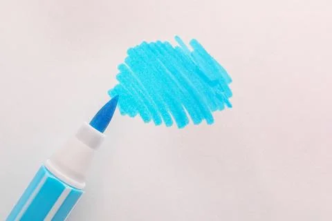 Stroke drawn with light blue marker and highlighter isolated on white, top vi Stockfoto's