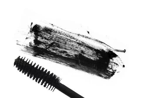 Stroke (sample) of black mascara, isolated on white macro Stockfoto's