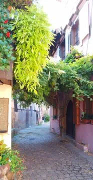 A stroll through the small town of Eguisheim in Alsace Stock Photos