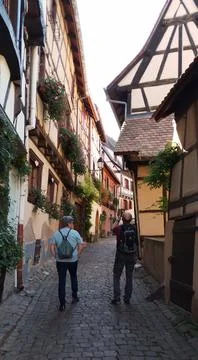 A stroll through the small town of Eguisheim in Alsace Stock Photos