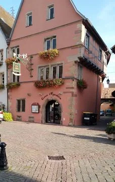 A stroll through the small town of Eguisheim in Alsace Stock Photos