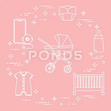 Stroller, crib, baby monitor, bottle, clothes. Stock Illustration