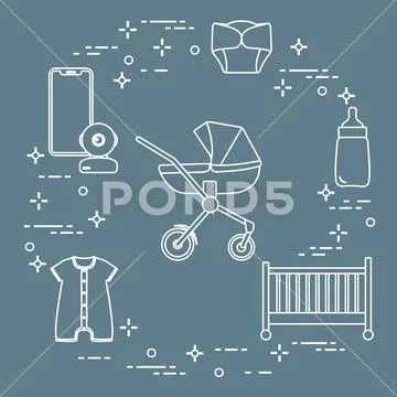 Stroller, crib, baby monitor, bottle, clothes. Stock Illustration