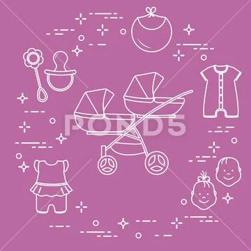 Stroller, twins, rattle, pacifier, bib, overalls. Stock Illustration