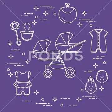Stroller, twins, rattle, pacifier, bib, overalls. Stock Illustrationen