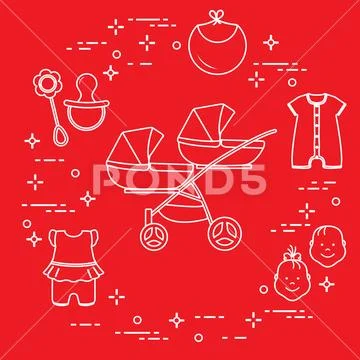 Stroller, twins, rattle, pacifier, bib, overalls. Stock Illustrationen