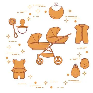 Stroller, twins, rattle, pacifier, bib, overalls. Stock Illustration