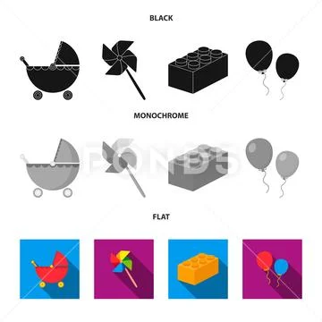 Stroller, windmill, lego, balloons.Toys set collection icons in black, flat Stock Illustrationen