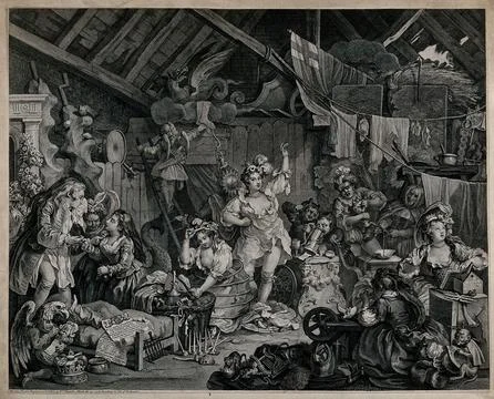 Strolling actresses dressing in a barn, a look behind the scenes of a backs.. Stock Illustration