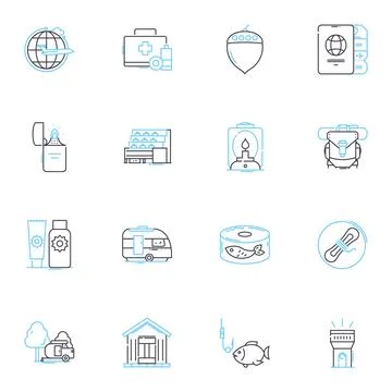 Strolling linear icons set. Amble, Wander, Saunter, Trek, Roam, Ramble, Hike Stock Illustration