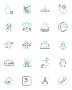 Strolling linear icons set. Amble, Wander, Saunter, Trek, Roam, Ramble, Hike Stock Illustration