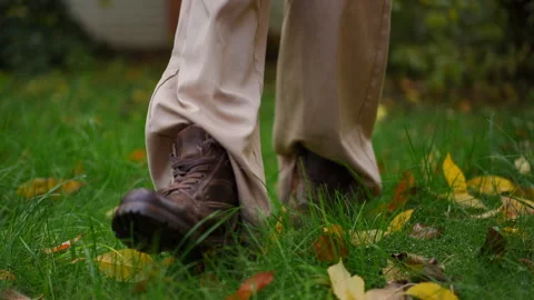 Strolling Through a Beautiful, Lush, Green Lawn While Enjoying Autumn Leaves  Stock Footage 285276649