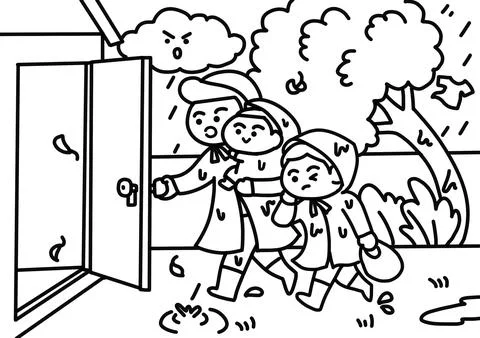 Strom and raining coloring pages style. Stock Illustration