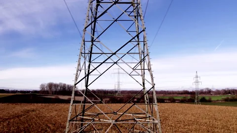 Strommasten durchflug flight thru electricity post Stock Footage 229416795