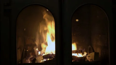 A strong and bright fire is burning behind the closed glass doors of the firepla Video stock 124116627