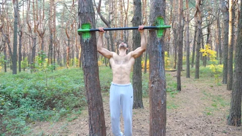 Strong and muscular man doing pull ups in beautiful forest. Male sportsman Stock Footage 334000927