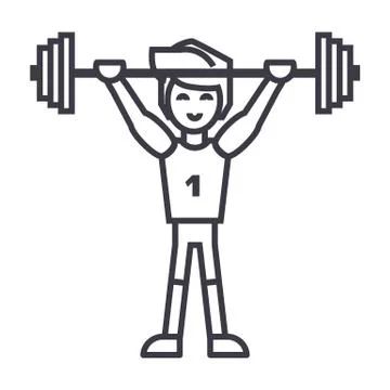 Strong athlete with weights barbell,weightlifting vector line icon, sign Stock Illustration