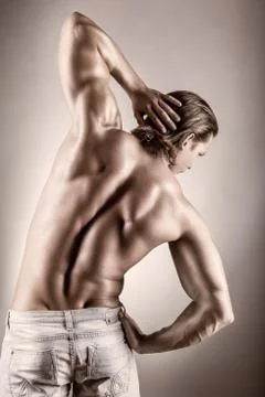 Strong athletic man back on a gray background Stock Photos