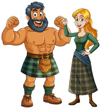 Strong Bearded Man and Smiling Woman in Scottish Kilts Stock Illustration
