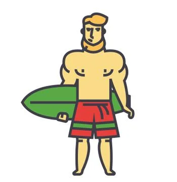 Strong bearded man with surfing board, surfer concept. Stock Illustration