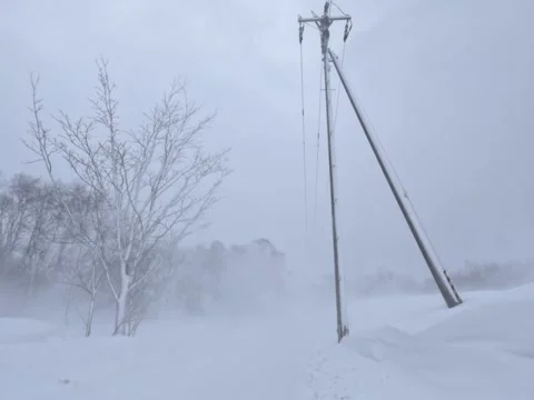 Strong blizzard winds drifting snow on road winter landscape Stock Footage 283815936