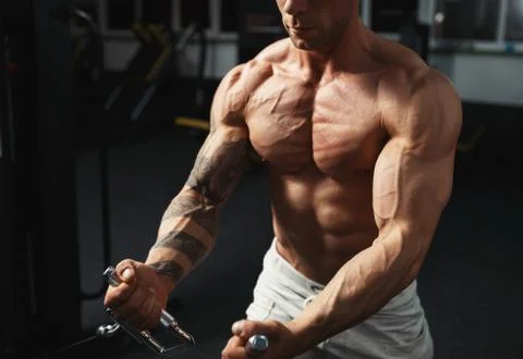 Strong bodybuilder doing exercise in the gym Stock Photos