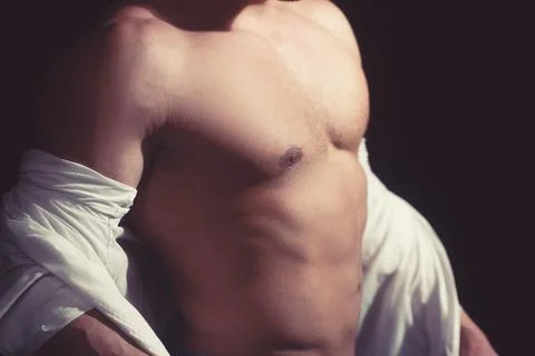 Strong bodybuilder with six pack. Close up on perfect abs. Foto stock