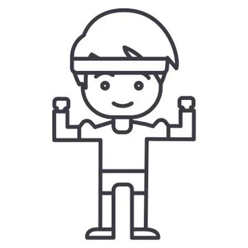 Strong boy, hands up vector line icon, sign, illustration on background Stock Illustration