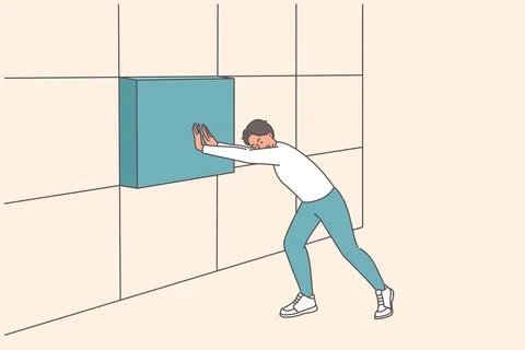 Strong business man installing missing block in wall, building reliable company Stock Illustration