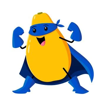 Strong cartoon mango fruit superhero character Illustrazione stock
