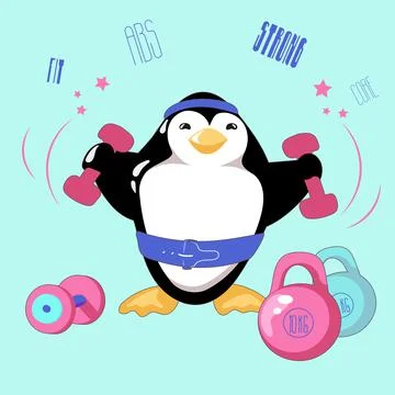 Strong Cartoon Penguin Keeps on with Workout Stock Illustration