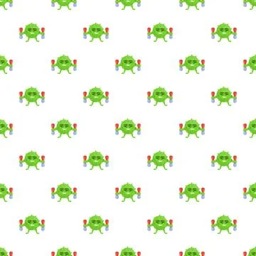 Strong cartoon virus doing exercise with dumbbells pattern Stock Illustration