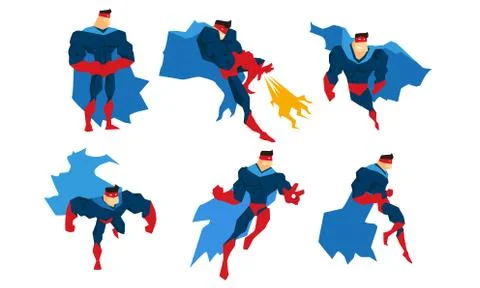 Strong Character Set, Comic Superhero in Different Action Poses Vector Illustrazione stock