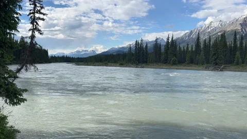 Strong current after the rain on a wide river in Canadian Rocky Mountains. Video stock 202295358