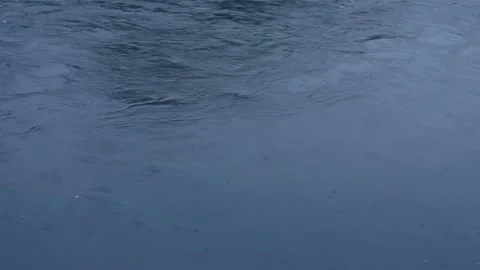 Strong current of dark blue water and raindrops in the water. rain on river Stock Footage 156095768
