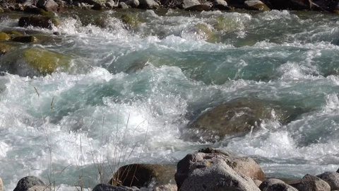 Strong current over the stones of a mountain river Stock Footage 116559731