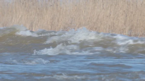 Strong current in the river creates waves on a sunny and cold winter day. Stock Footage 96409032
