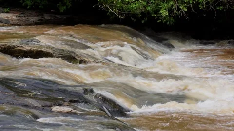 Strong current in the river, waters turned muddy after heavy rains. Video stock 313328364