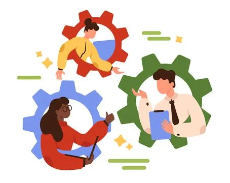 Strong dedicated team, effective cooperation and teamwork of employees inside Stock Illustration