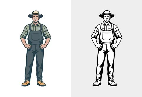 Strong Farmer Standing With Hands On Hips In Overalls And Wide Straw Hat Stock Illustration