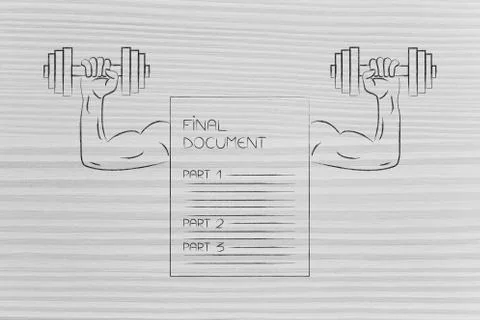 Strong final document with muscled arms lifting dumbbells Illustrazione stock