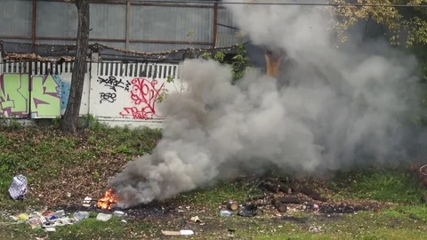 Strong fire burning with a lot of heavy dense grey smoke Stock Footage 72333002
