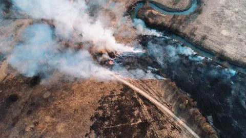 Strong fire in an empty field, heavy smoke from a burning place. The spread of Stock Photos