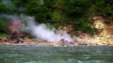 Strong Flow Clean Mountain River Geothermal Spring Hot Steam Rising Tropical Stock Footage 260262655
